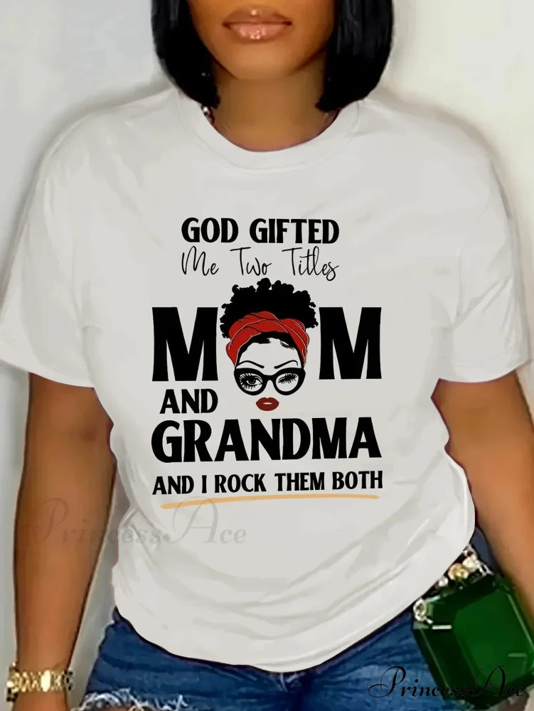 Casual Crew Neck Tee with Letter Print Easy-Care All-Season Knit Fabric Tribute to Mom & Grandma T-shirt - Image 2