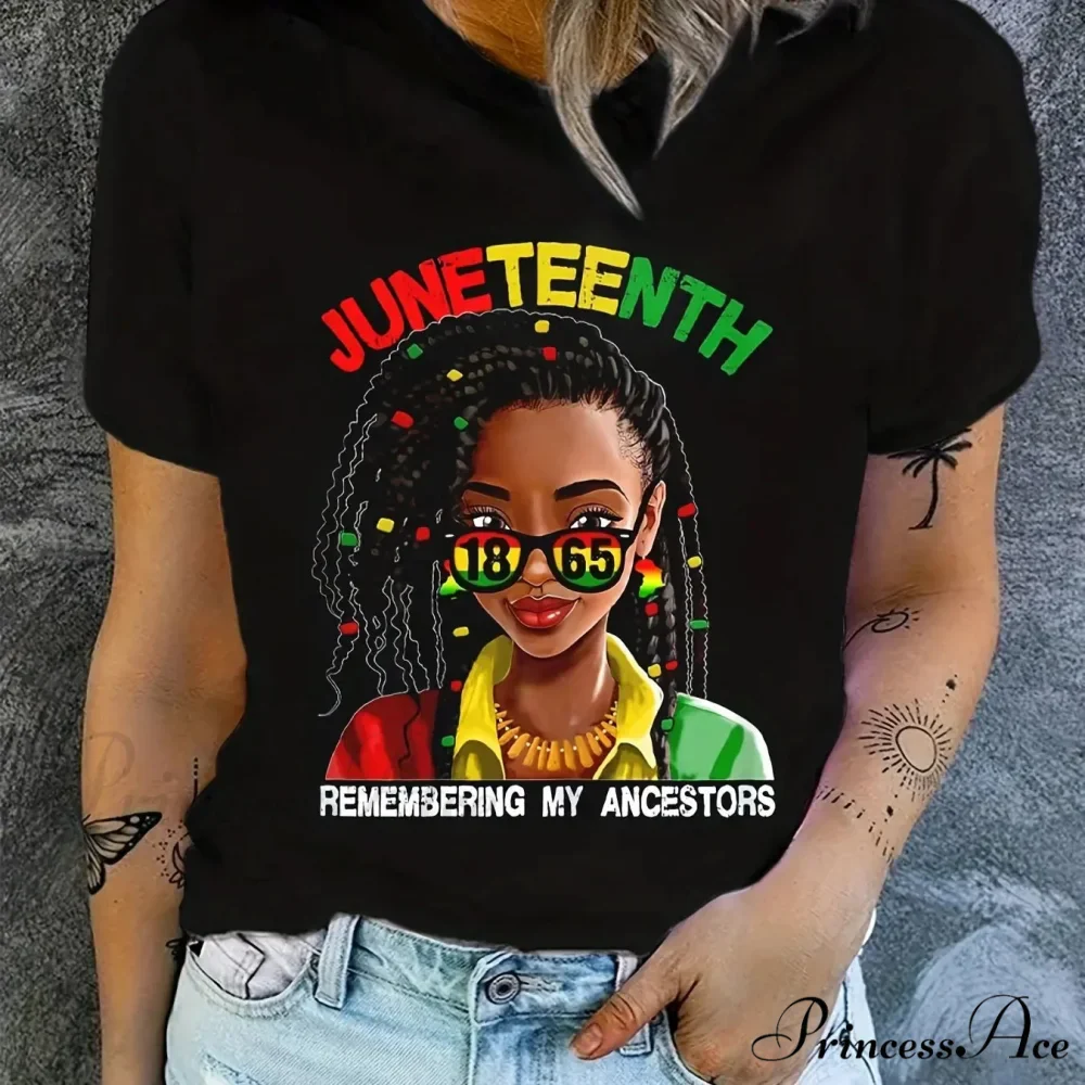 Women's Juneteenth Figure & Letter Casual Short Sleeve Spring and Summer T-shirt - Image 3