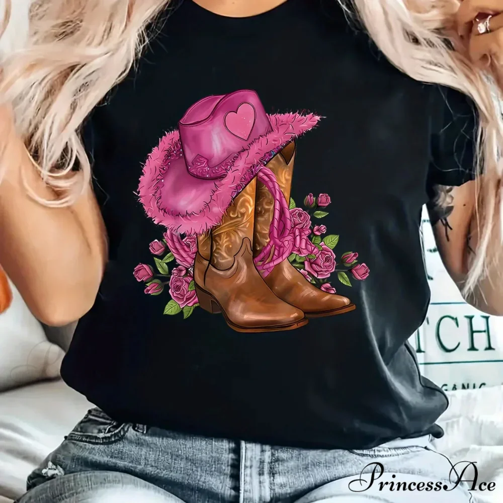 Floral Cowgirl Cartoon Print Tee - Casual Crew Neck Top for Women 100% Polyester Spring to Fall Versatility Easy-Care T-shirt - Image 2