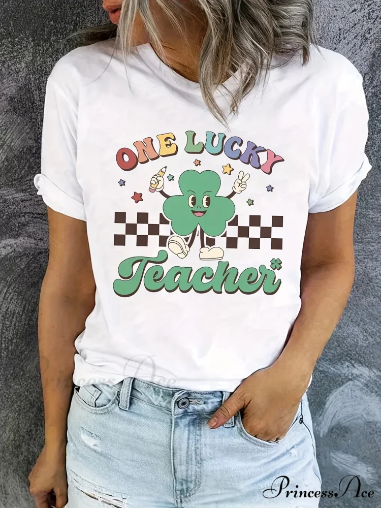 St. Patrick's Day Clover Print - Women's Round Neck Short Sleeve Top for Spring & Summer T-shirt - Image 2