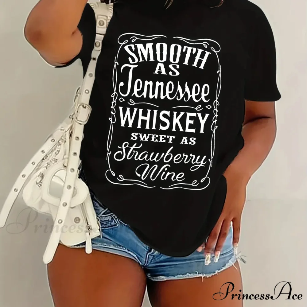 Whiskey Letter Print Sleeve Spring&Summer Crew Neck Women's Casual Tee T-shirt - Image 5
