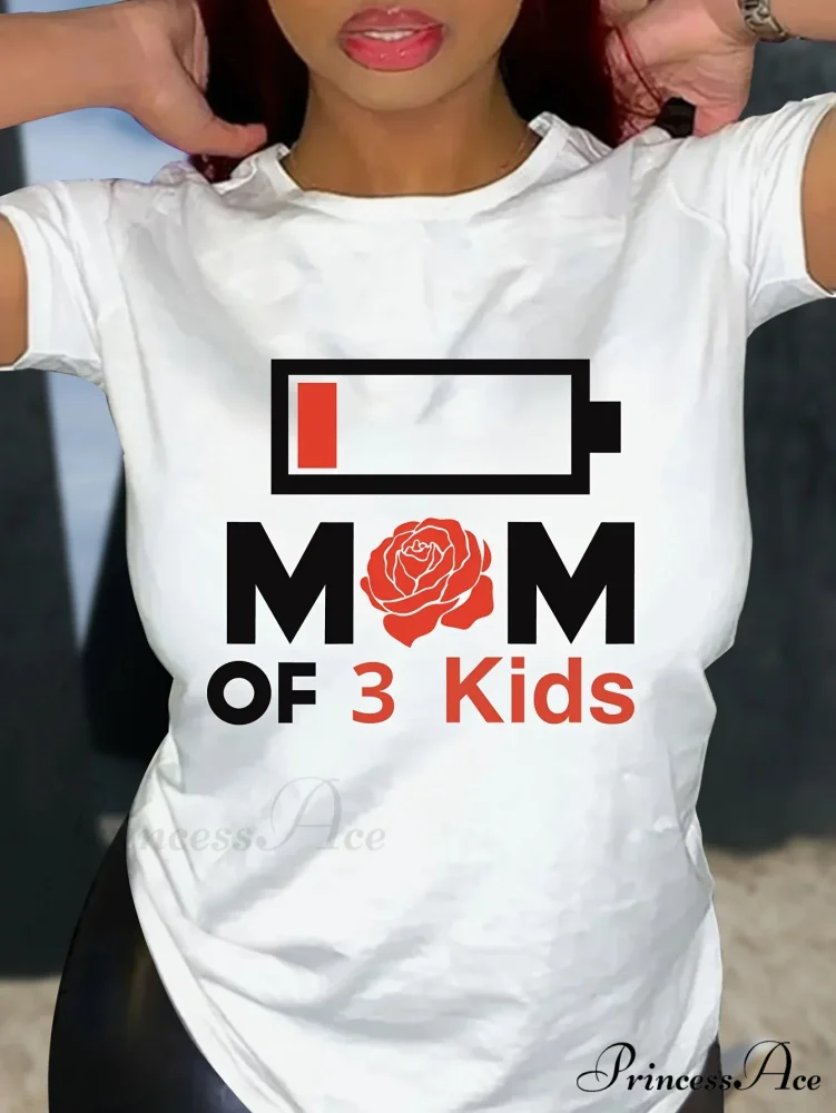 Mom Of Three Kids Print Sleeve Crew Neck Casual Top For Summer & Spring Women's Clothing T-shirt - Image 2