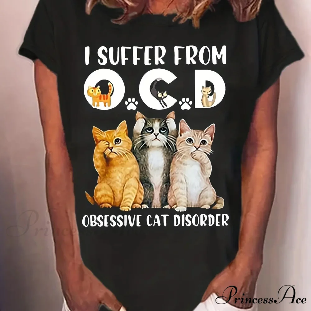 Women's Spring & Summer Short Sleeve Crew Neck Cat & Letter Print T-shirt - Image 3