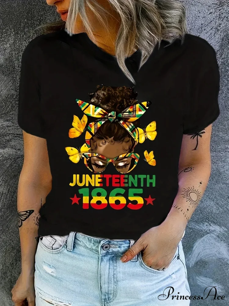 Independence Day Cartoon Figure Print Casual Crew Neck Short Sleeve Women's for Summer & Spring T-shirt - Image 2