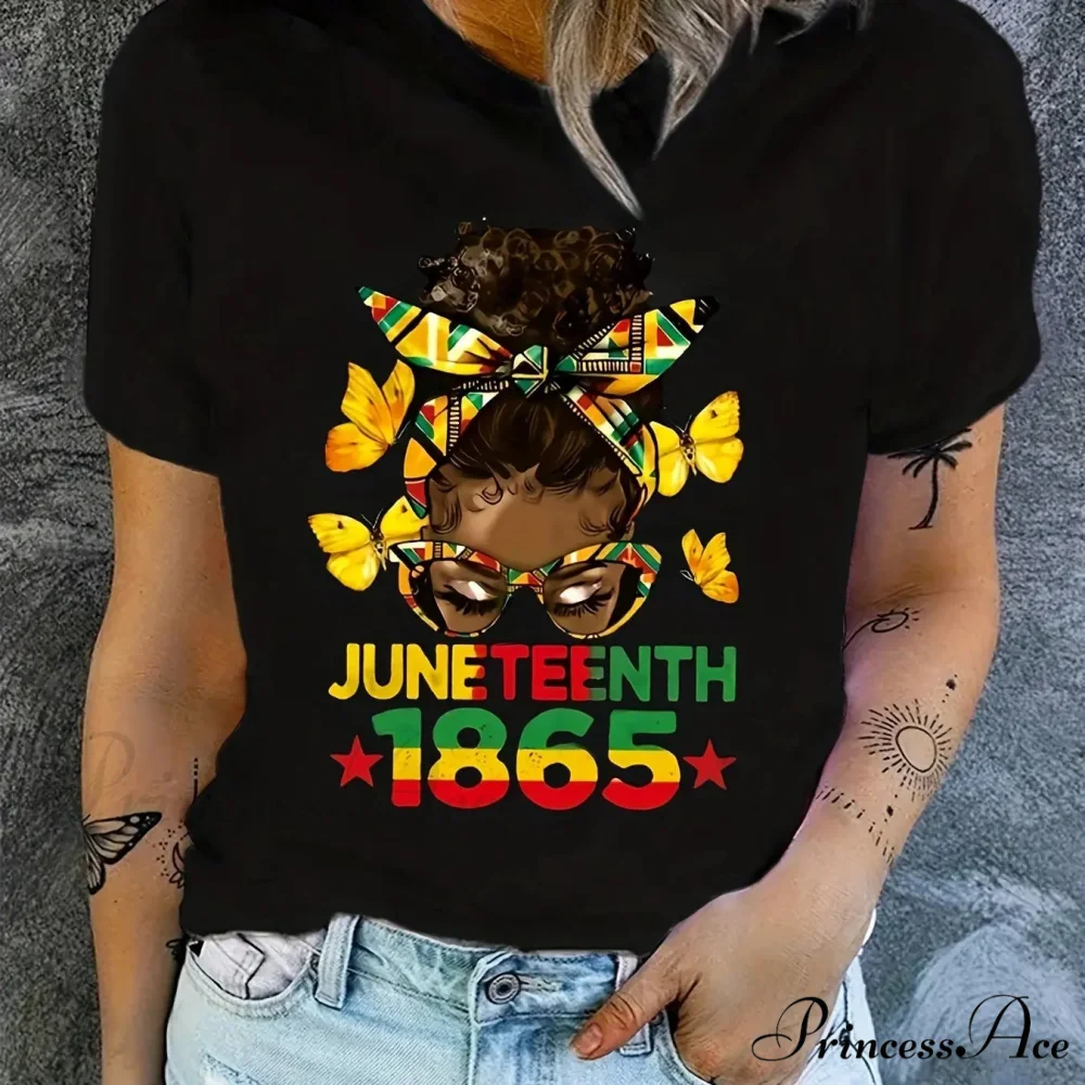 Independence Day Cartoon Figure Print Casual Crew Neck Short Sleeve Women's for Summer & Spring T-shirt - Image 4