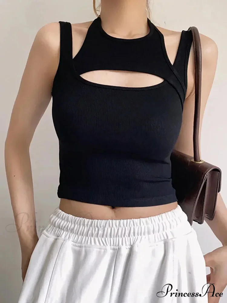 Y2k E-girl Hollow Out Knitted Sleeveless O Neck Mini Vest Basic Casual Sporty Summer Tank top - Image 2