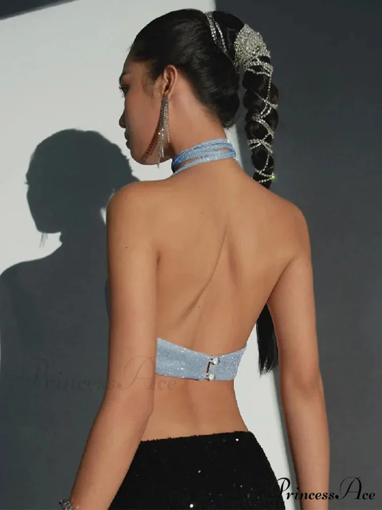 Halter Glitter 2024 Summer Outfits Blue Silk Camis Ruched Crop Backless Vests Sexys Cropped Clothes Tank top - Image 3