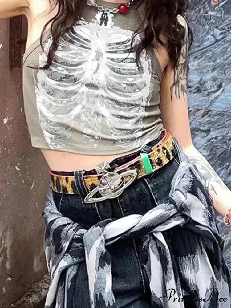 Punk Aesthetic Cyber Retro X-ray Skeleton Print Sleeveless Vest ArmyGreen Crop Designer Clothes Women 2024 Summer Emo Tank top - Image 4