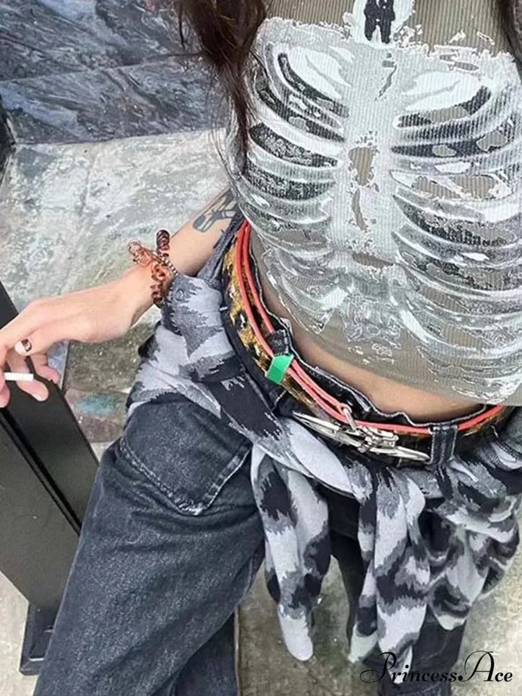 Punk Aesthetic Cyber Retro X-ray Skeleton Print Sleeveless Vest ArmyGreen Crop Designer Clothes Women 2024 Summer Emo Tank top - Image 6