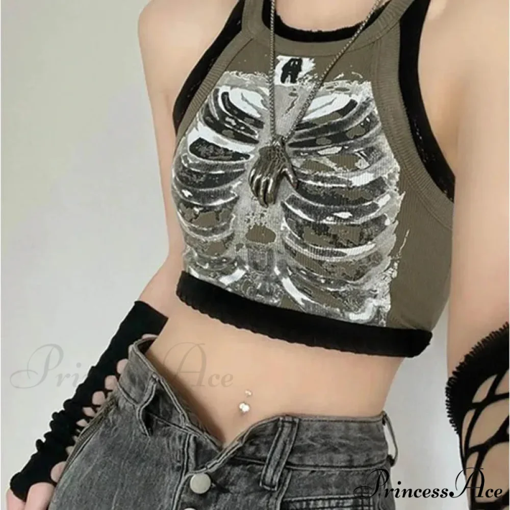 Punk Aesthetic Cyber Retro X-ray Skeleton Print Sleeveless Vest ArmyGreen Crop Designer Clothes Women 2024 Summer Emo Tank top - Image 7