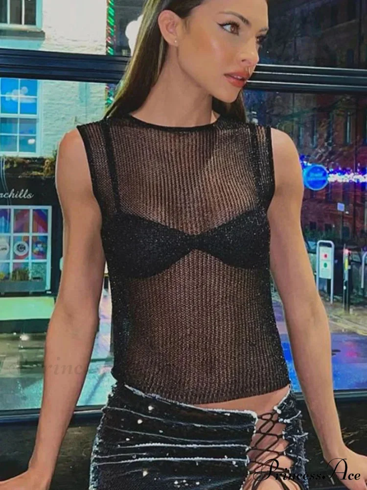 Women's Sleeveless Slim Fit See-Through Vest Corect Sequin Scoop Neck Glitter Outfits Tank top - Image 5