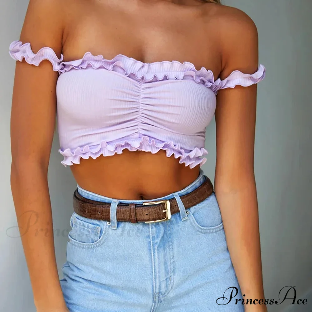 New 2024 Cute Purple Off Shouler Crop Ruffles t shirtTube For Women Summer Clothes Tank top - Image 2