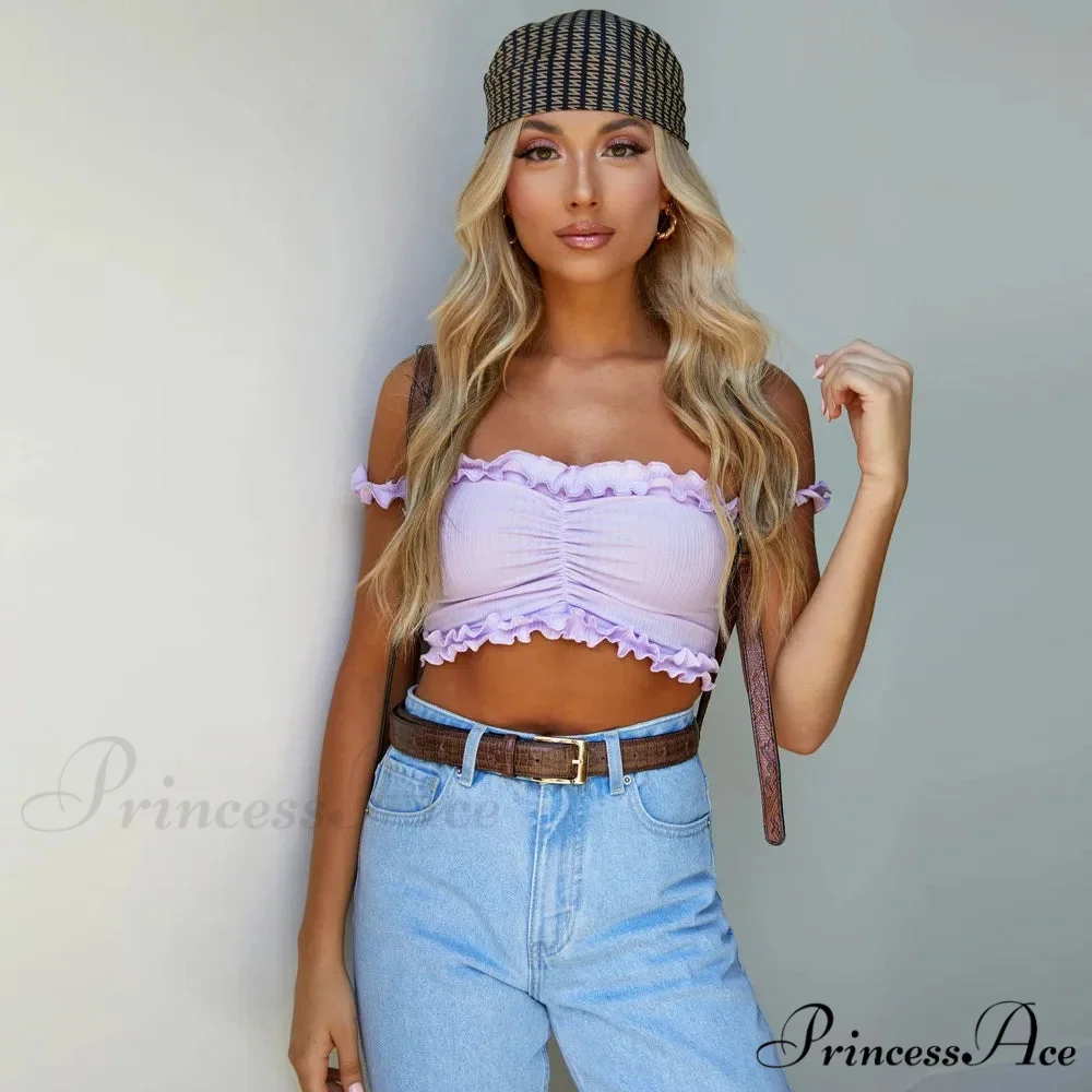 New 2024 Cute Purple Off Shouler Crop Ruffles t shirtTube For Women Summer Clothes Tank top - Image 4