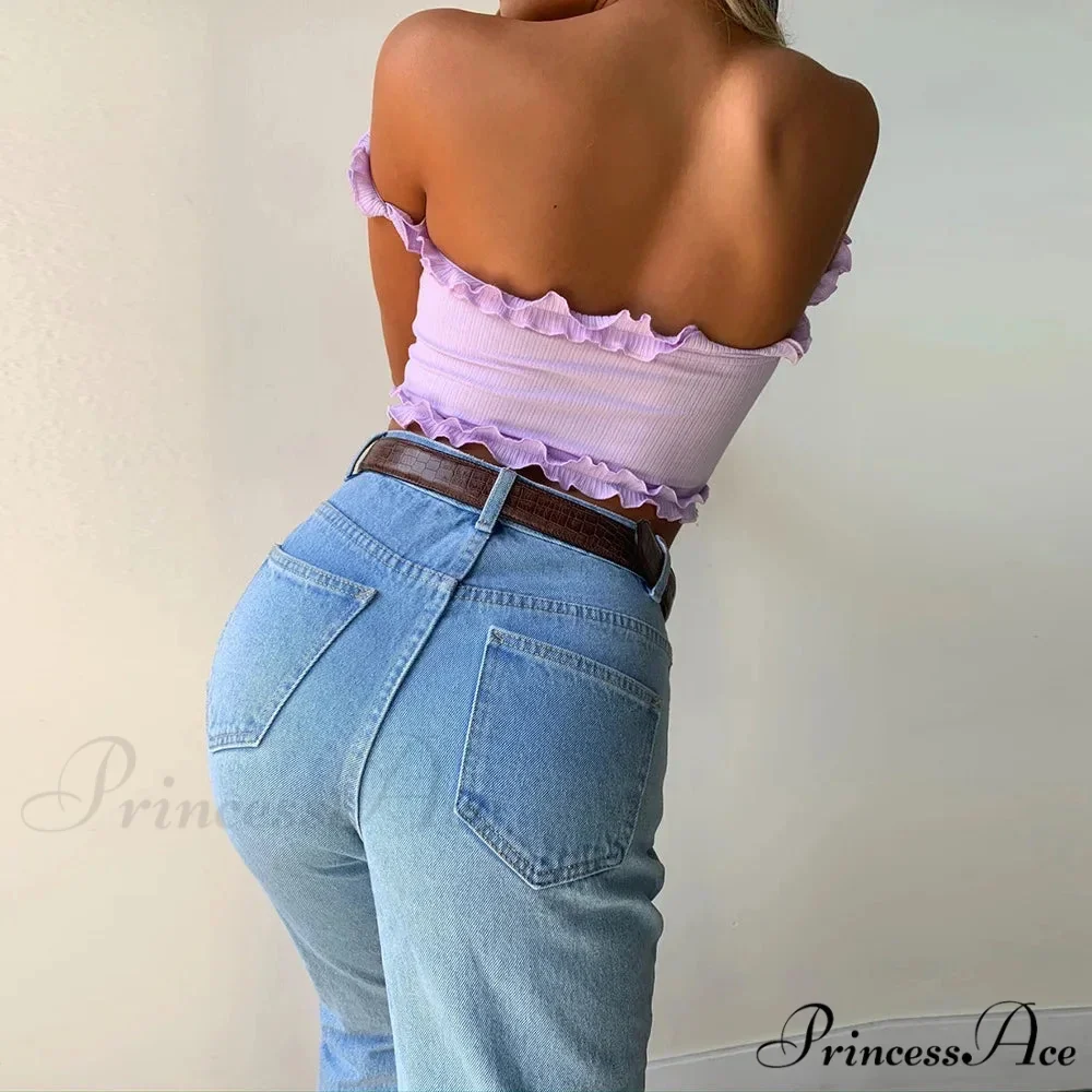 New 2024 Cute Purple Off Shouler Crop Ruffles t shirtTube For Women Summer Clothes Tank top - Image 6