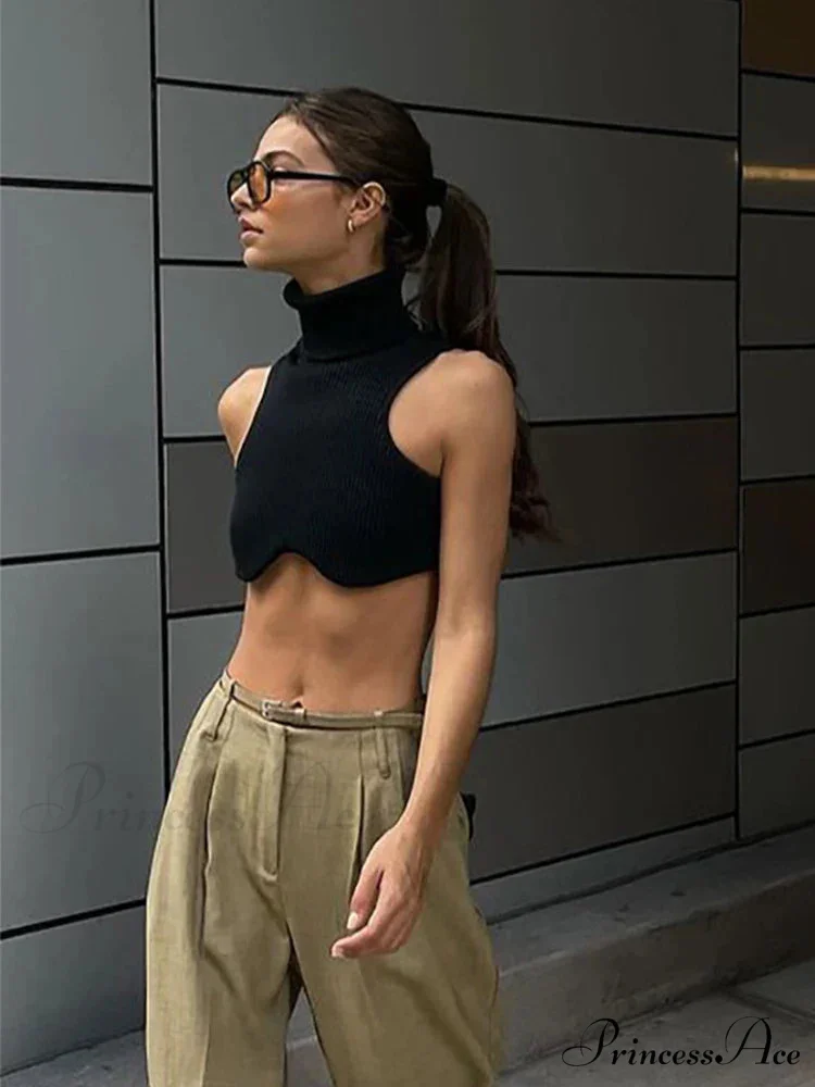 Y2k Black Knitting Turtleneck Crop Women Irregularity Skinny Elasticity Fashion Club Streetwear Tank top - Image 2