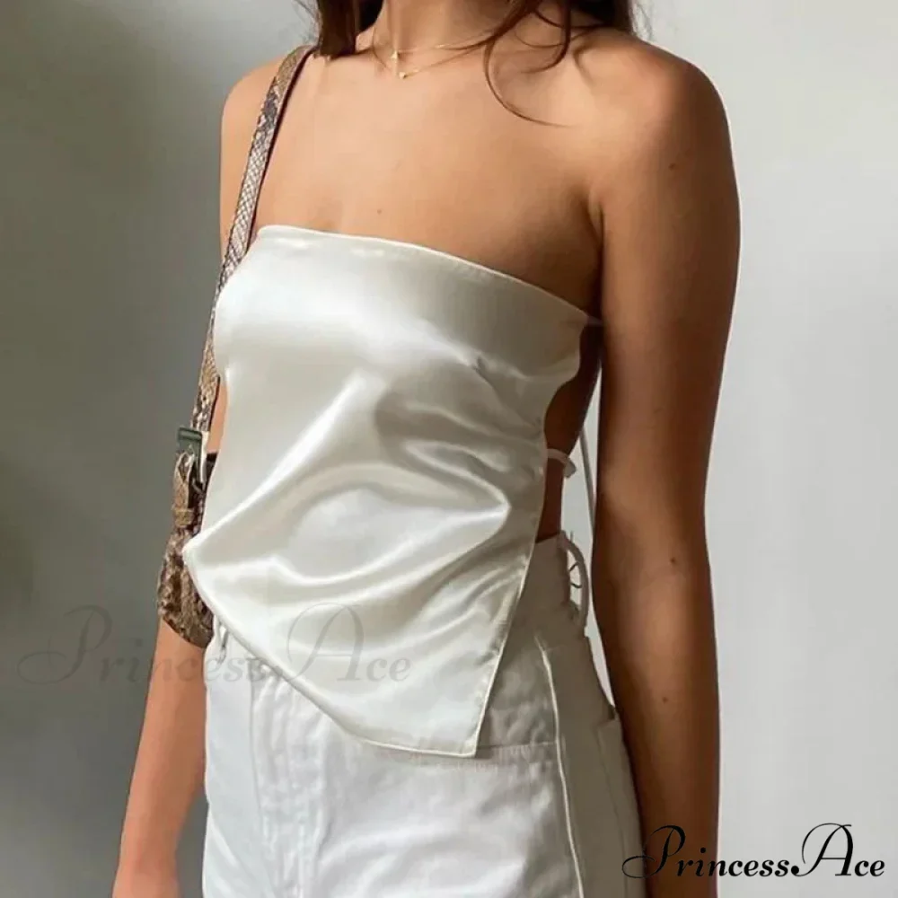 2024 Satin Backless Crop Women Green Summer Cami Bandage Sleeveless Strapless Off Shoulder Tank top - Image 10