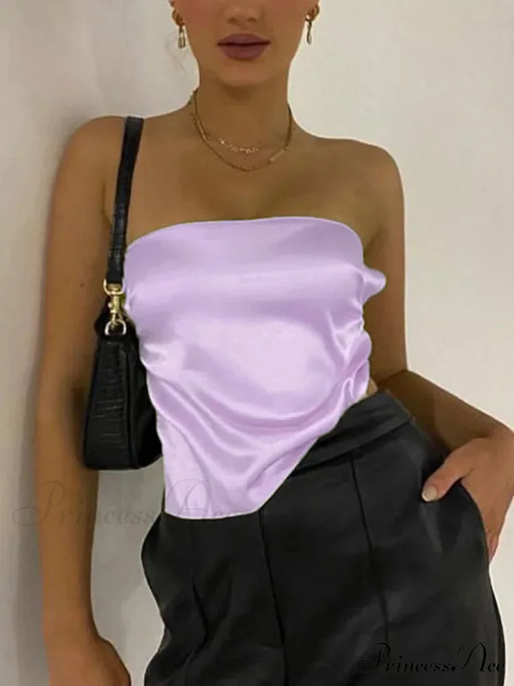 2024 Satin Backless Crop Women Green Summer Cami Bandage Sleeveless Strapless Off Shoulder Tank top - Image 3