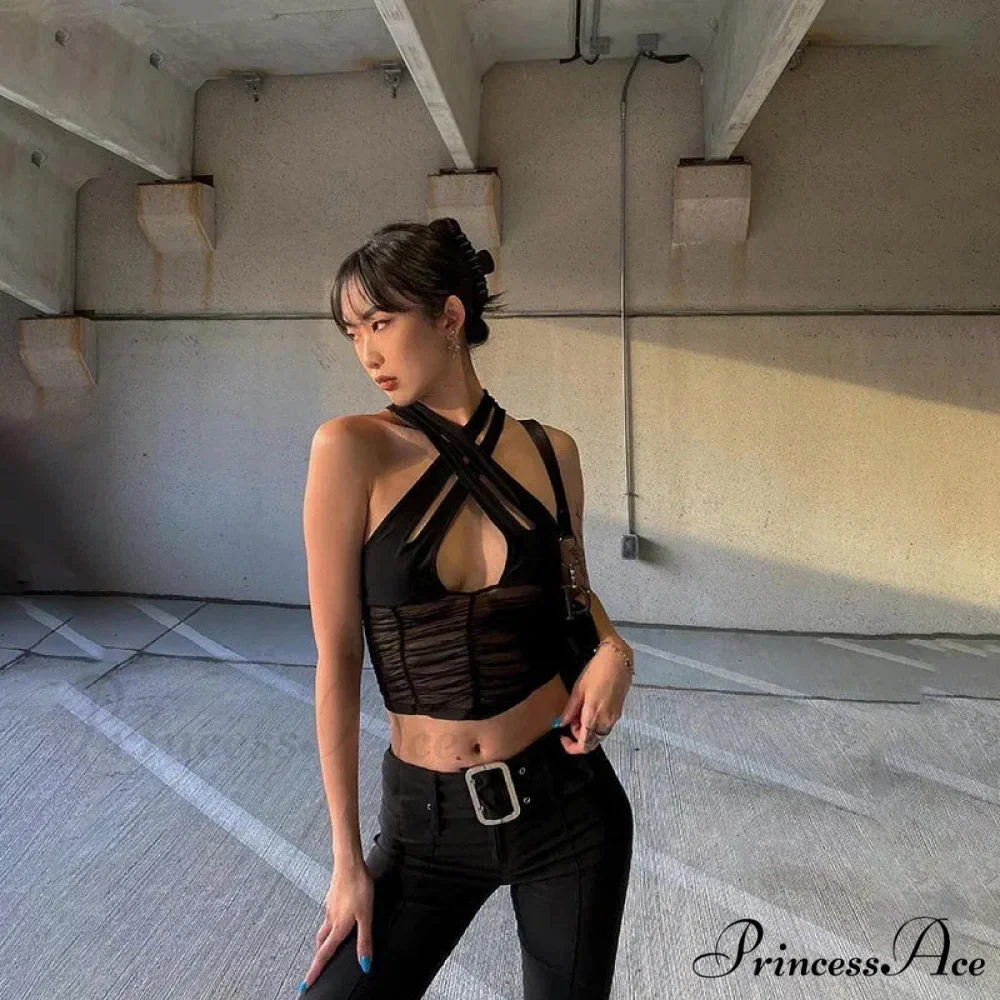 Y2K Sexy Women Halter Sleeveless Ruched Patchwork Mesh Camisole Clubwear Fashion Solid Vest Outfit Tank top - Image 3