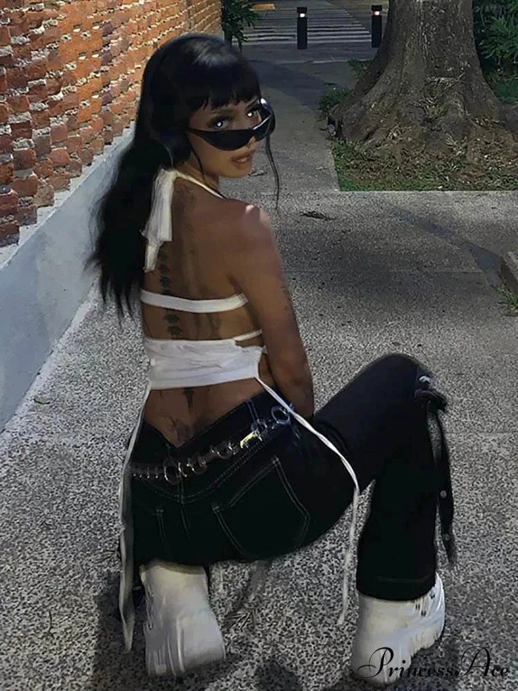 Y2K Backless Summer Crop Women Hollow Out 2024 White Sleeveless Bandage Halter Streetwear Cami 90s Tank top - Image 4
