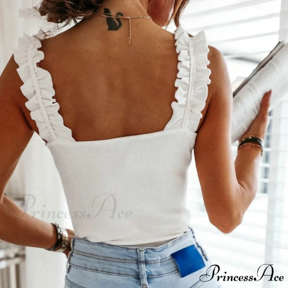 Women Collar Solid Knit Casual Basic Summer Ribbed Slim Ruffless Tank top - Image 6