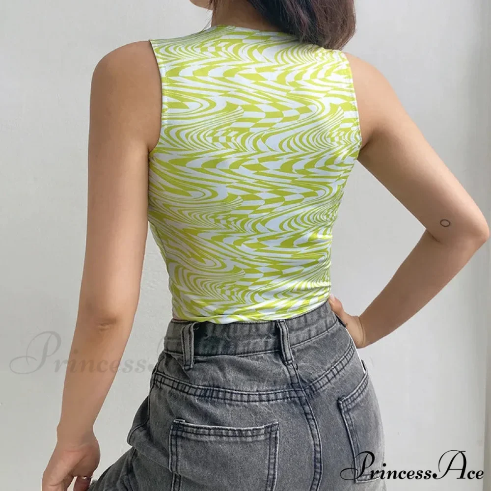 90s Aesthetics Striped Print Crops Summer Streetwear Sleeveless O-neck Green Baby Women 2024 Vests Tank top - Image 3