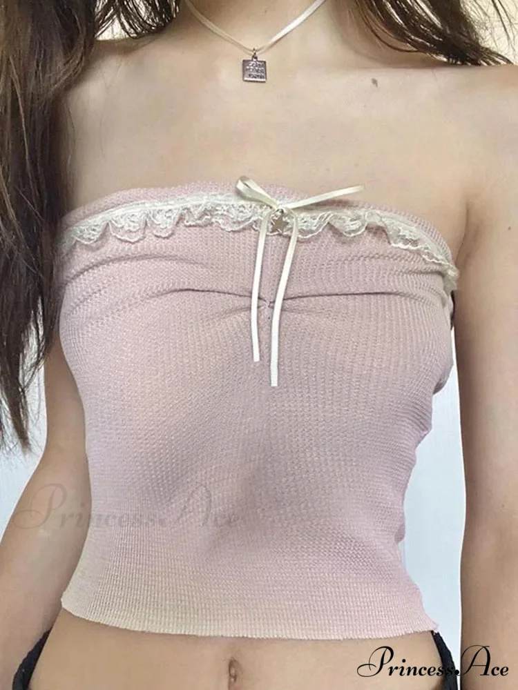 Off Shoulder Crop Kawaii Strapless Casual Pink Tubes Vintage Bow Stitched Sleeveless Vest Women Y2k Summer Tank top - Image 2