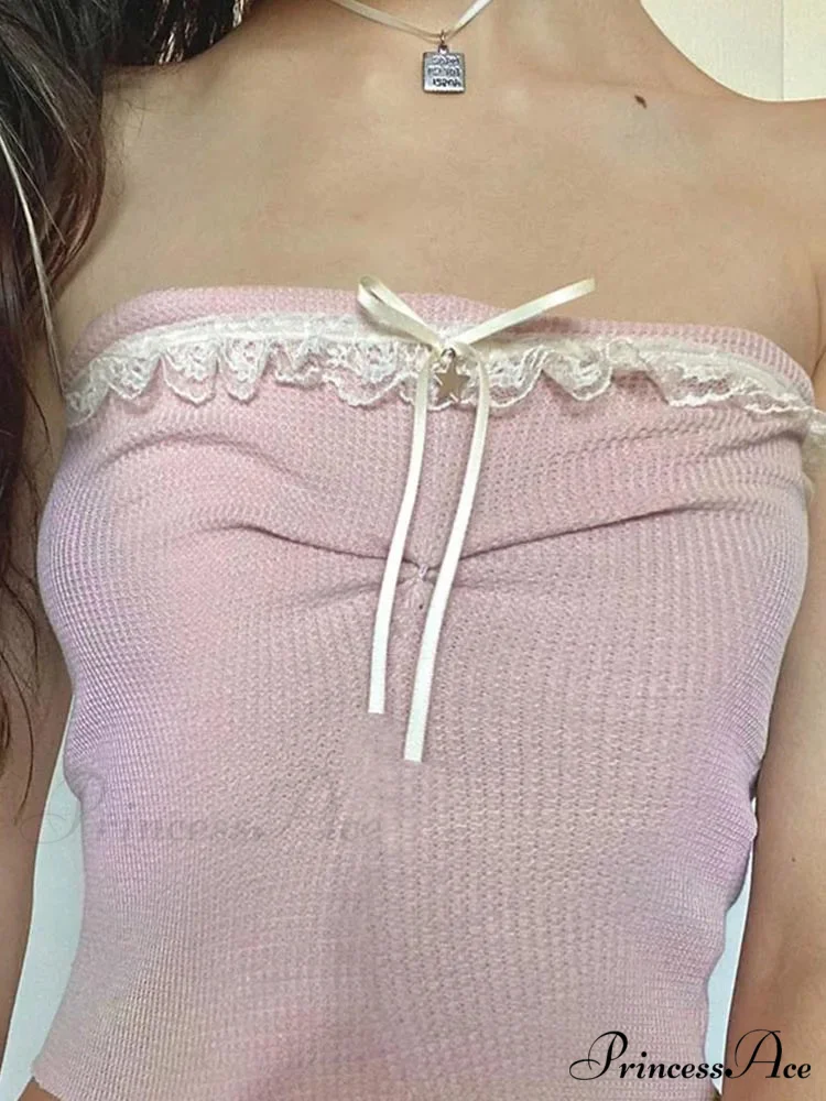 Off Shoulder Crop Kawaii Strapless Casual Pink Tubes Vintage Bow Stitched Sleeveless Vest Women Y2k Summer Tank top - Image 4