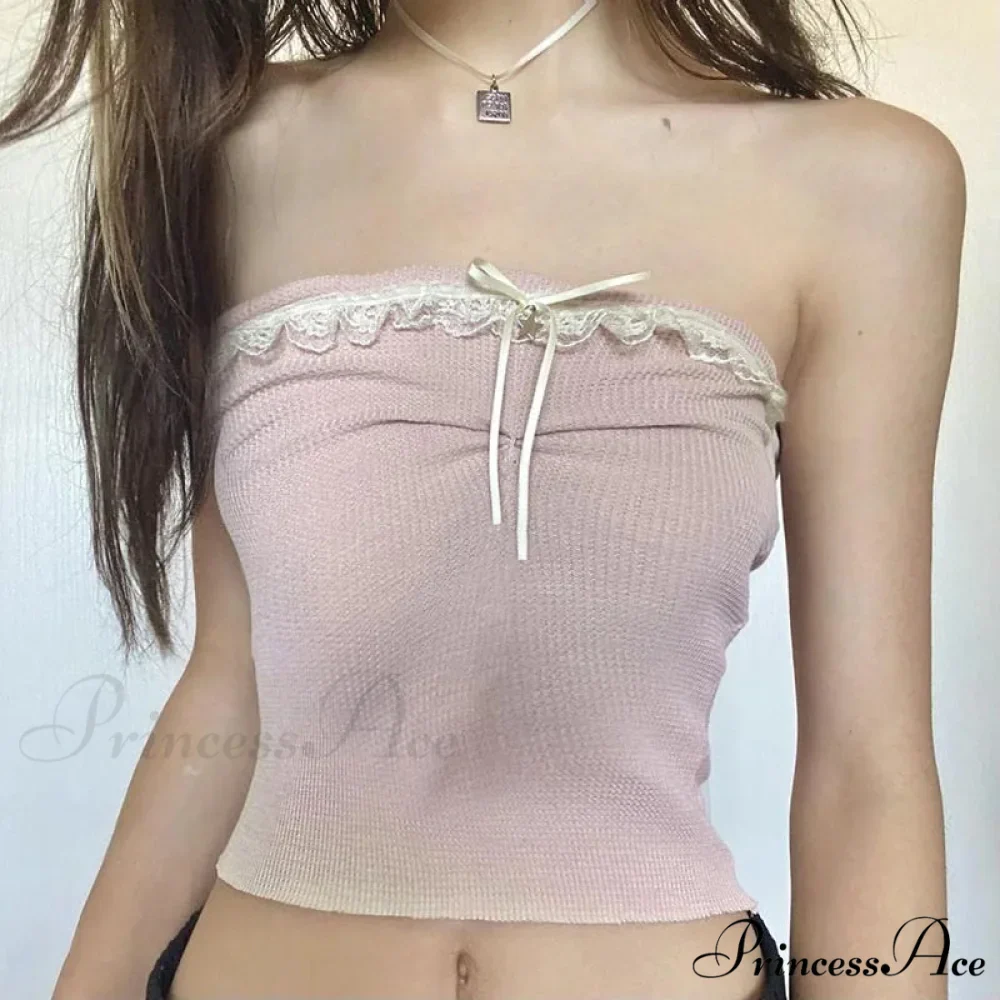 Off Shoulder Crop Kawaii Strapless Casual Pink Tubes Vintage Bow Stitched Sleeveless Vest Women Y2k Summer Tank top - Image 6