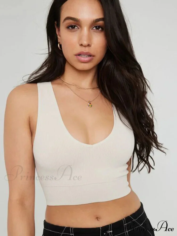Women Crop V-Neck Seamless Streetwear Knitted Ribbed Fitness Running Elastic Workout Vest Tank top - Image 2