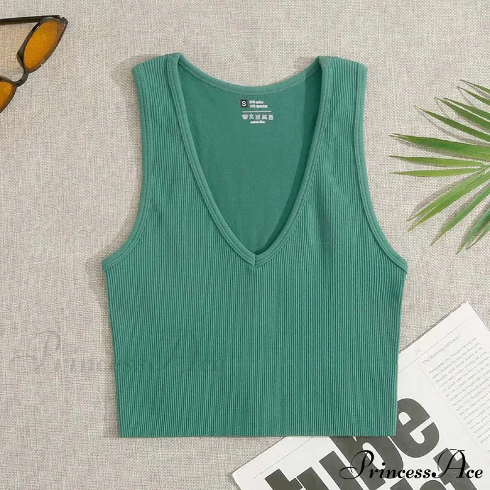 Women Crop V-Neck Seamless Streetwear Knitted Ribbed Fitness Running Elastic Workout Vest Tank top - Image 3