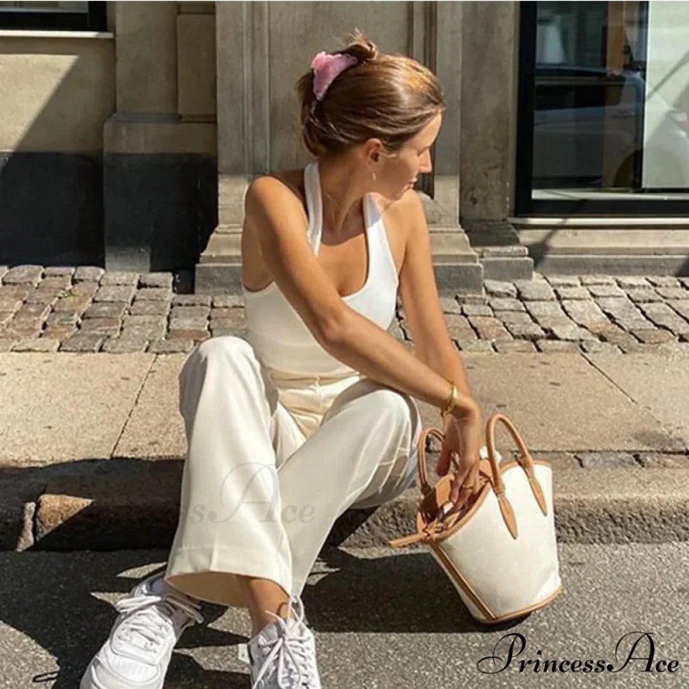 White Halter Backless for Women Streetwear 2024 Sleeveless Ribbed Knit Vest Cropped Feminino Tank top - Image 3