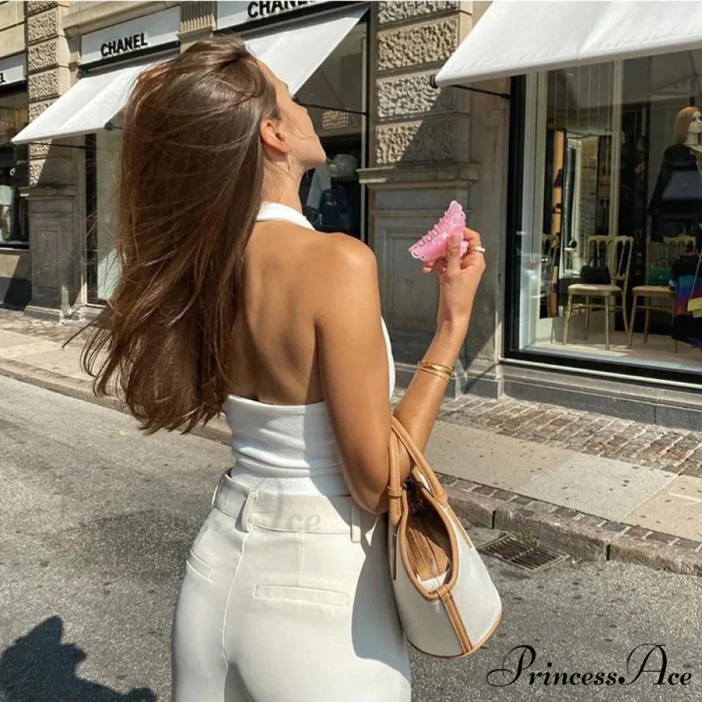 White Halter Backless for Women Streetwear 2024 Sleeveless Ribbed Knit Vest Cropped Feminino Tank top - Image 5