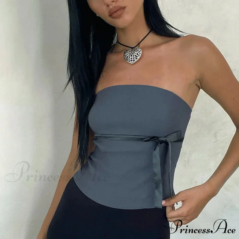Women 2024 Harajuku Pullover Strapless Bowtie Patchwork Skinny Crops Camisole Shirt Outfits Tank top - Image 4