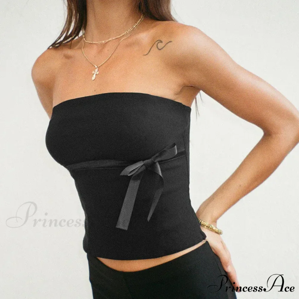Women 2024 Harajuku Pullover Strapless Bowtie Patchwork Skinny Crops Camisole Shirt Outfits Tank top - Image 5