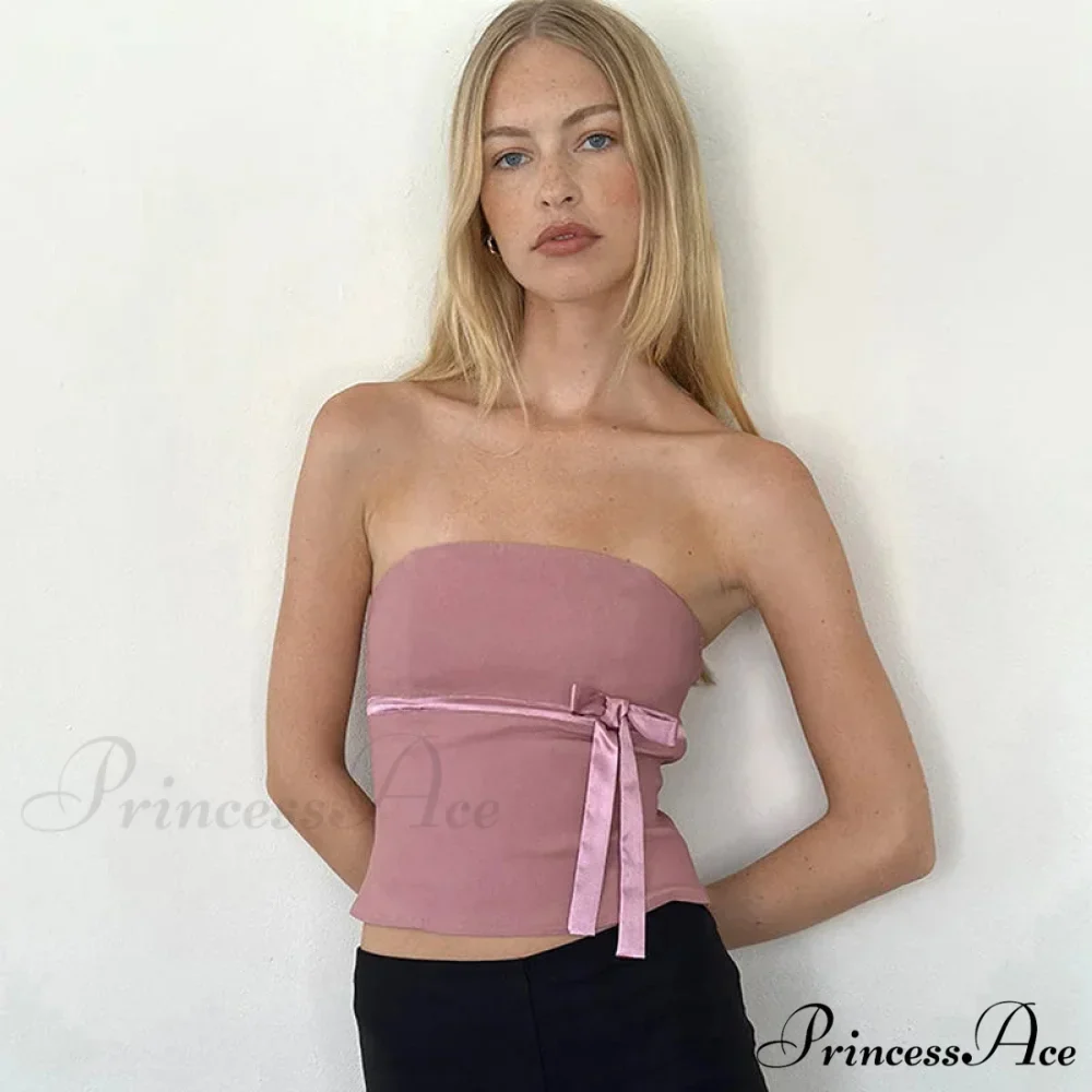 Women 2024 Harajuku Pullover Strapless Bowtie Patchwork Skinny Crops Camisole Shirt Outfits Tank top - Image 6