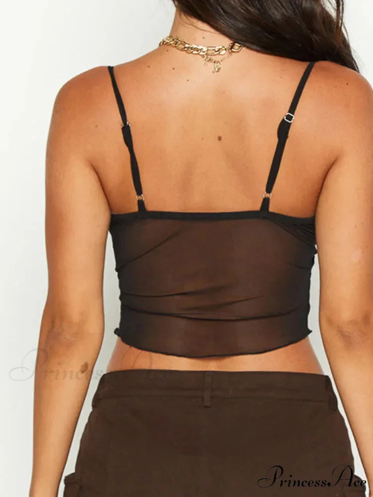Women See Through Mesh Crop Cami Y2k Ruffle Frill Backless Sleeveless Spaghetti Strap Camisoles Party Tank top - Image 2