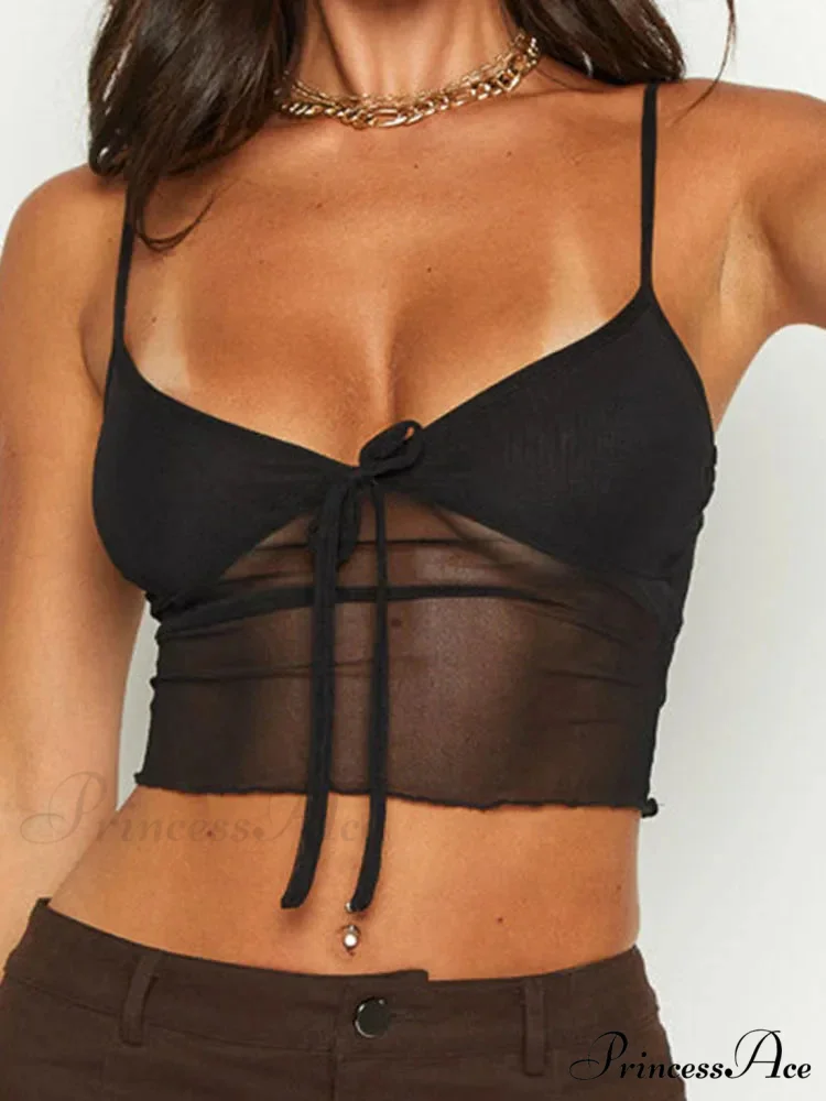 Women See Through Mesh Crop Cami Y2k Ruffle Frill Backless Sleeveless Spaghetti Strap Camisoles Party Tank top - Image 3