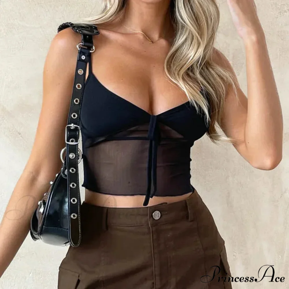 Women See Through Mesh Crop Cami Y2k Ruffle Frill Backless Sleeveless Spaghetti Strap Camisoles Party Tank top - Image 5