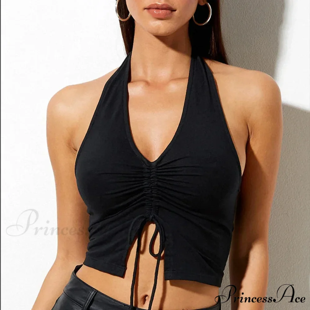 Fashion Women Lace Up Halter Black Sleeveless Drawstring Slim Fit Crop Club Summer Camis Streetwear Tank top - Image 7