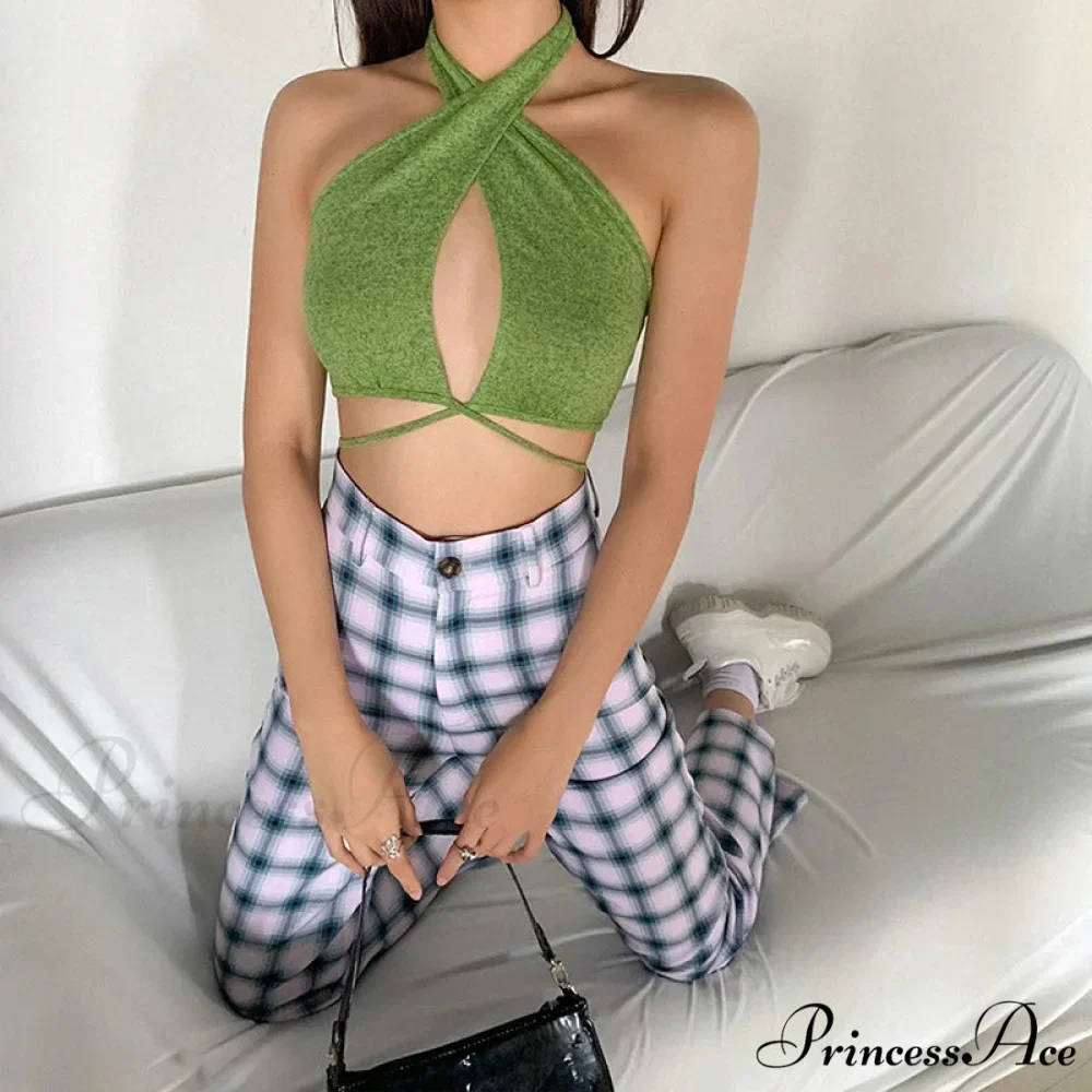 Green Bandage Halter Crops for Women Sleeveless Backless Club Party Chic Wrap Cropped Slim Streetwear Tank top - Image 3