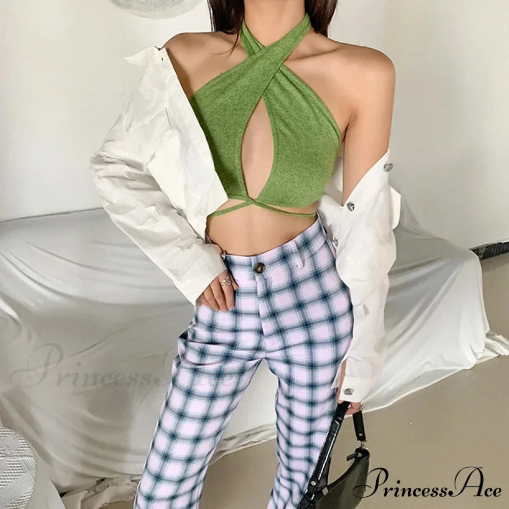 Green Bandage Halter Crops for Women Sleeveless Backless Club Party Chic Wrap Cropped Slim Streetwear Tank top - Image 4