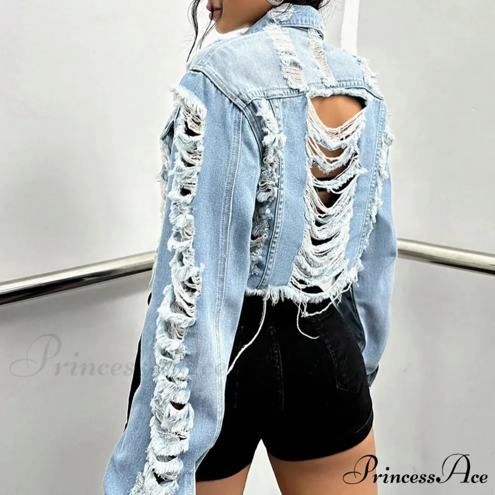 Boyfriend Ripped Crpped Button Down Chest Pockets Overcoat Warm Chic Stylish Elegant Fashionable Versatile Jacket - Image 3