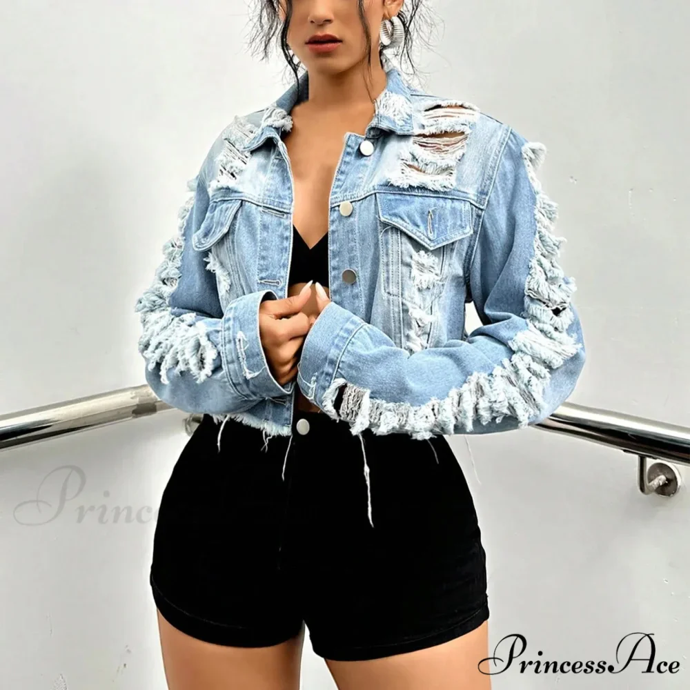Boyfriend Ripped Crpped Button Down Chest Pockets Overcoat Warm Chic Stylish Elegant Fashionable Versatile Jacket - Image 5