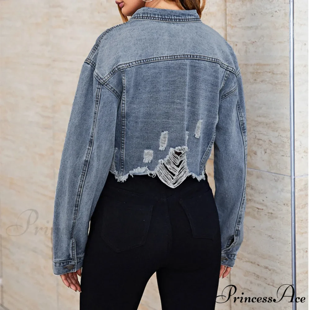Ripped Hem Long Sleeve Single Breasted Lapel With Pockets Sexy Short Warm Chic Stylish Elegant Fashionable Versatile Jacket - Image 3