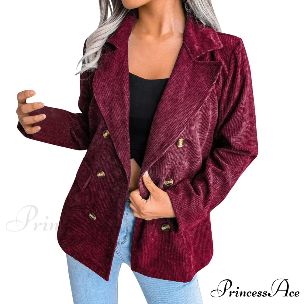 Plus Size Double Breasted Corduroy Long Sleeve Work Office Boyfriend Blazer Chic Stylish Elegant Fashionable Versatile Jacket - Image 10