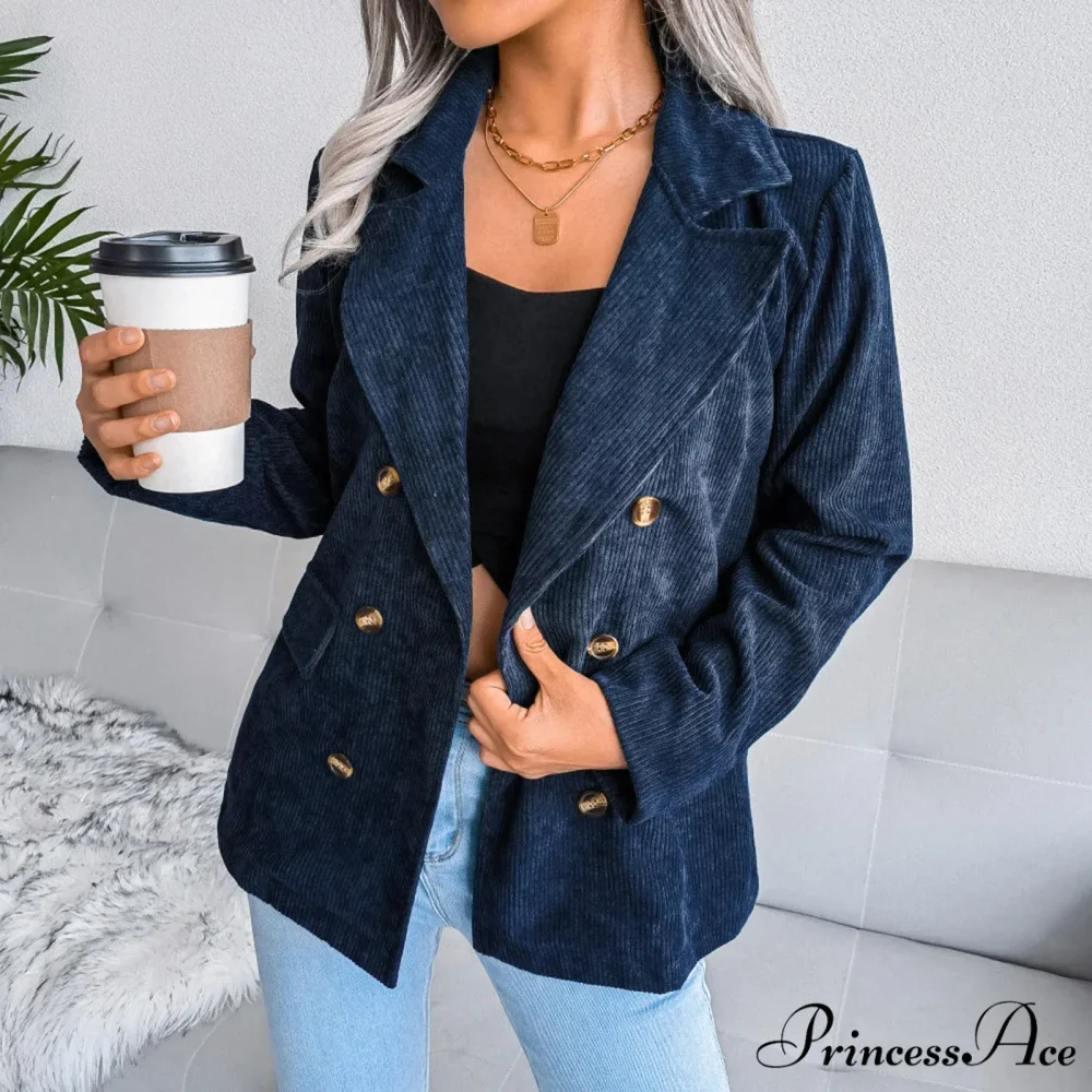 Plus Size Double Breasted Corduroy Long Sleeve Work Office Boyfriend Blazer Chic Stylish Elegant Fashionable Versatile Jacket - Image 2