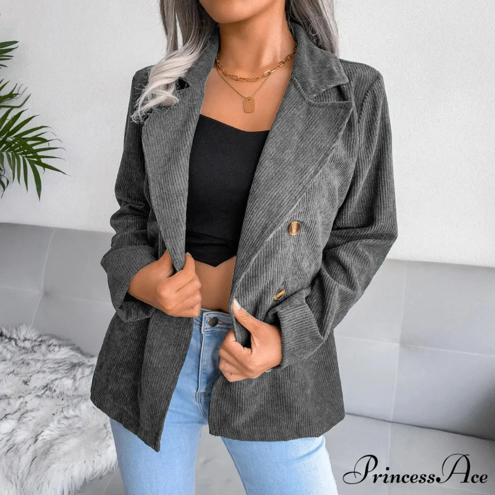 Plus Size Double Breasted Corduroy Long Sleeve Work Office Boyfriend Blazer Chic Stylish Elegant Fashionable Versatile Jacket - Image 3