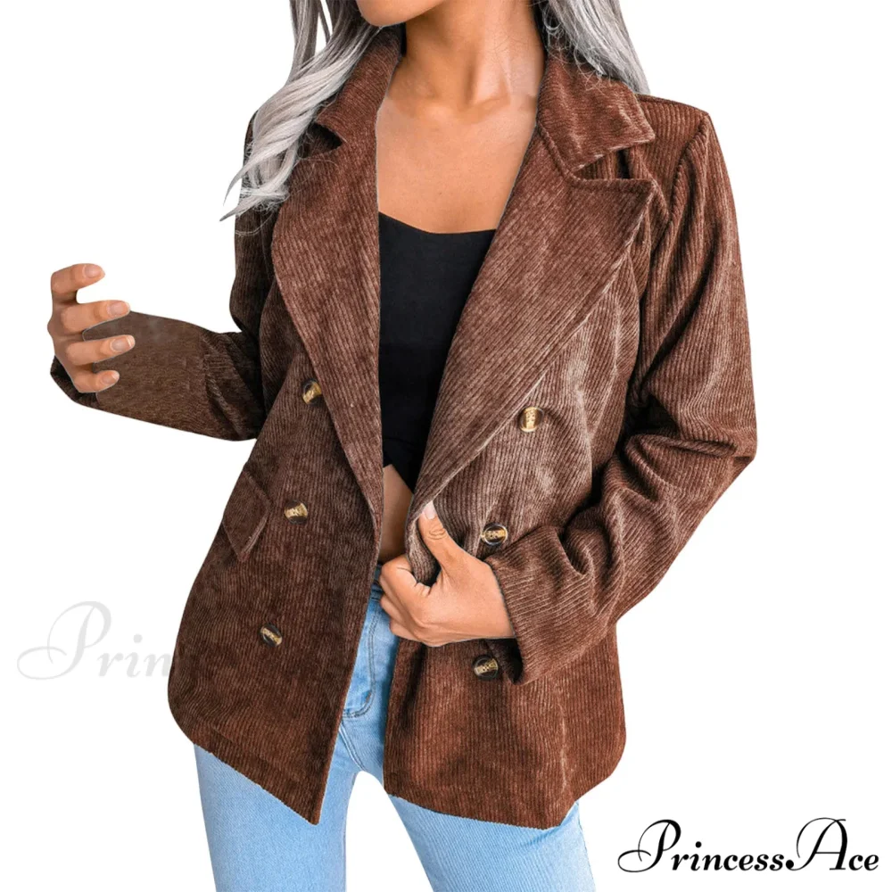 Plus Size Double Breasted Corduroy Long Sleeve Work Office Boyfriend Blazer Chic Stylish Elegant Fashionable Versatile Jacket - Image 4