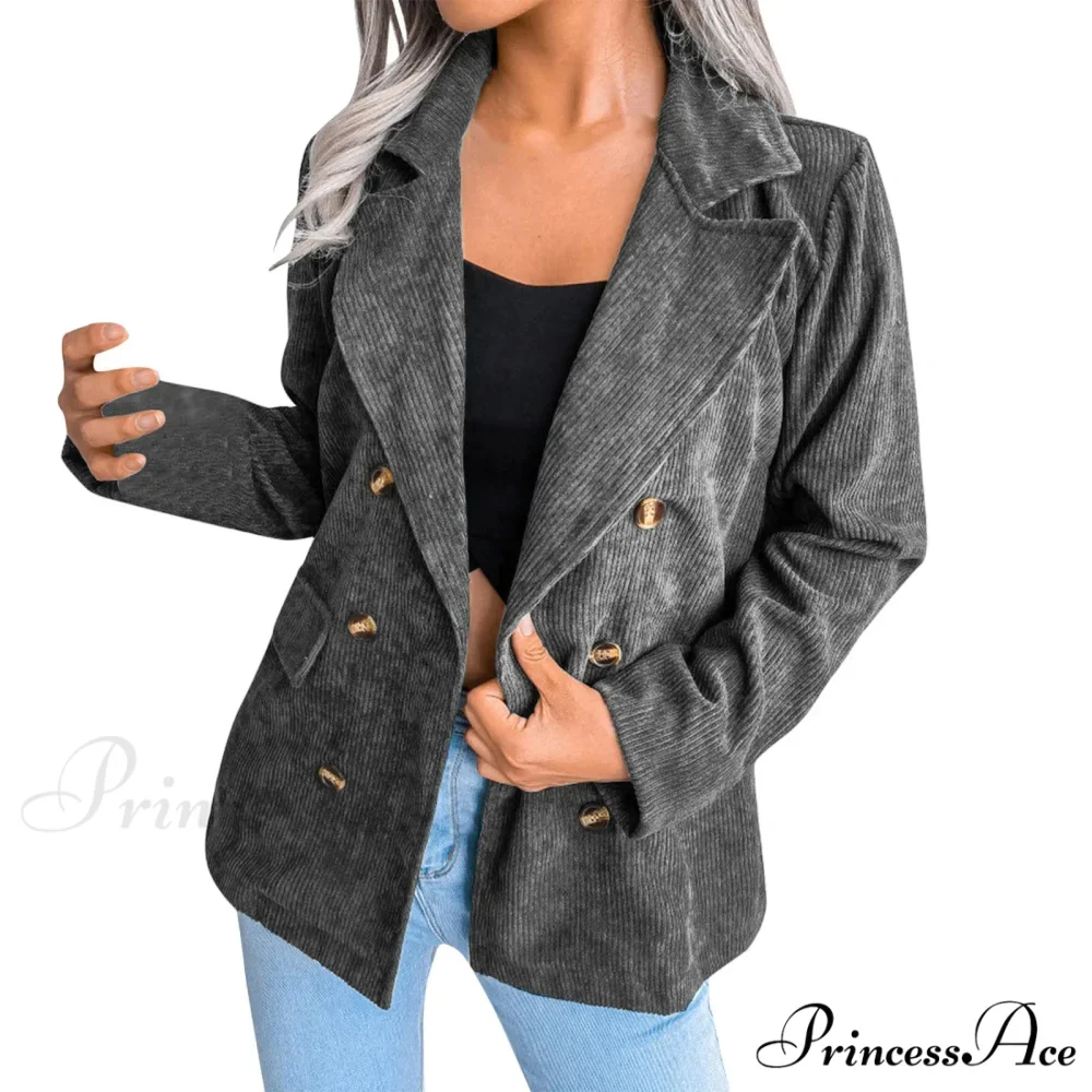 Plus Size Double Breasted Corduroy Long Sleeve Work Office Boyfriend Blazer Chic Stylish Elegant Fashionable Versatile Jacket - Image 5