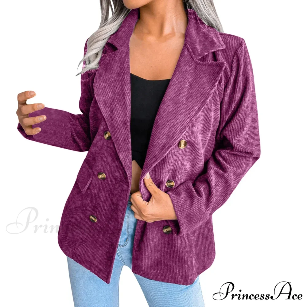 Plus Size Double Breasted Corduroy Long Sleeve Work Office Boyfriend Blazer Chic Stylish Elegant Fashionable Versatile Jacket - Image 8